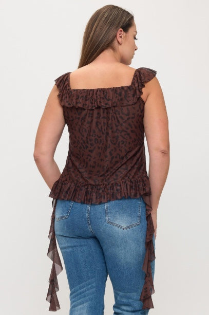 Plus Size Boho Ruffle Blouse with Animal Print and Side Ruffle Detail