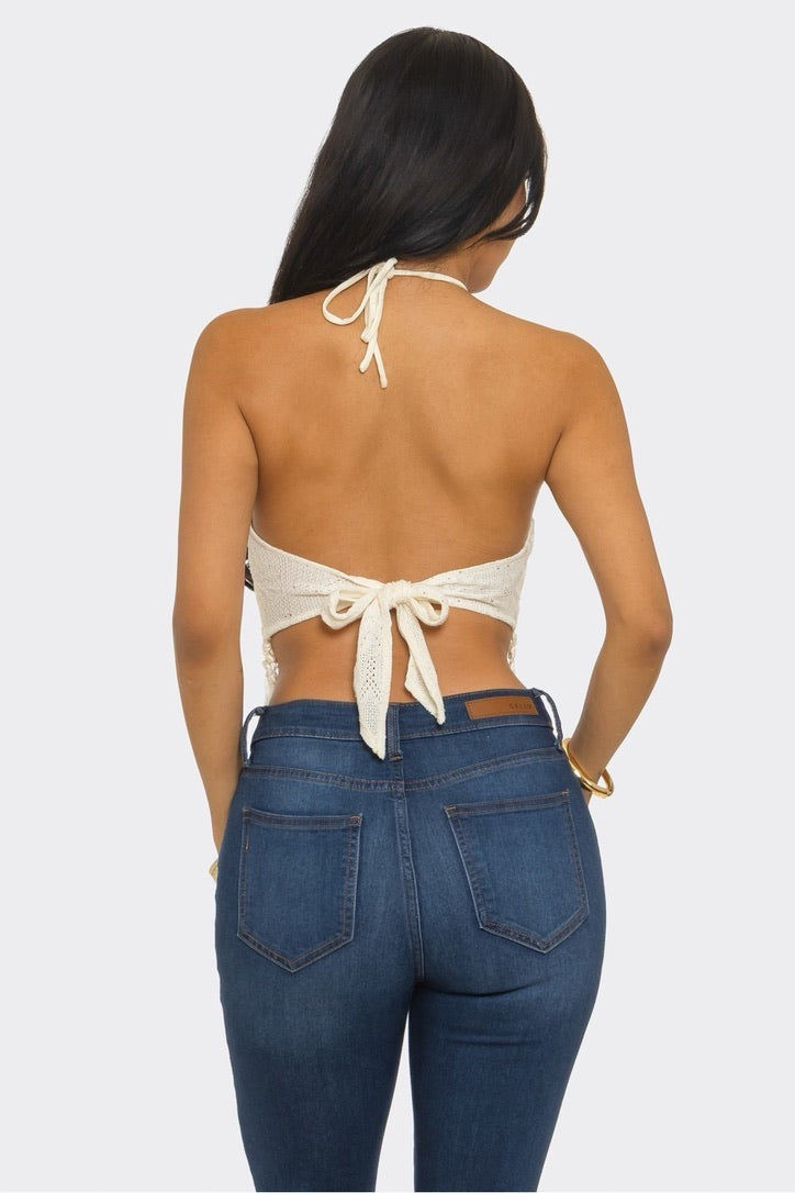 Crochet Halter Top with Fringe Trim and Tie-Back Closure