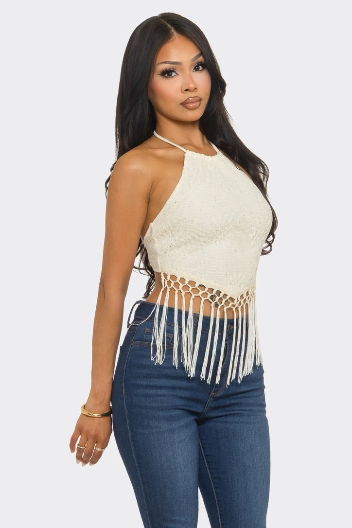 Crochet Halter Top with Fringe Trim and Tie-Back Closure