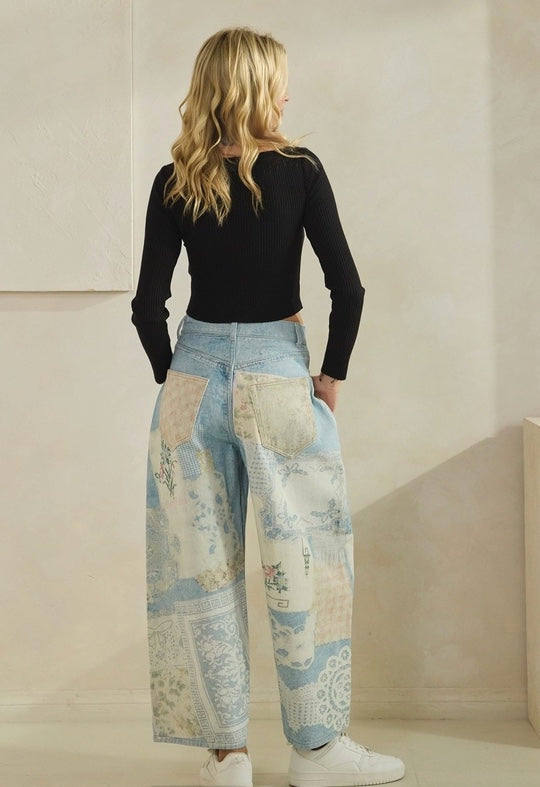 Vintage Wide Leg Jeans Floral Patchwork Denim