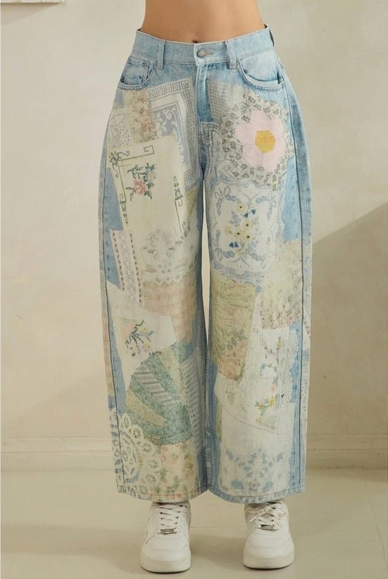 Vintage Wide Leg Jeans Floral Patchwork Denim