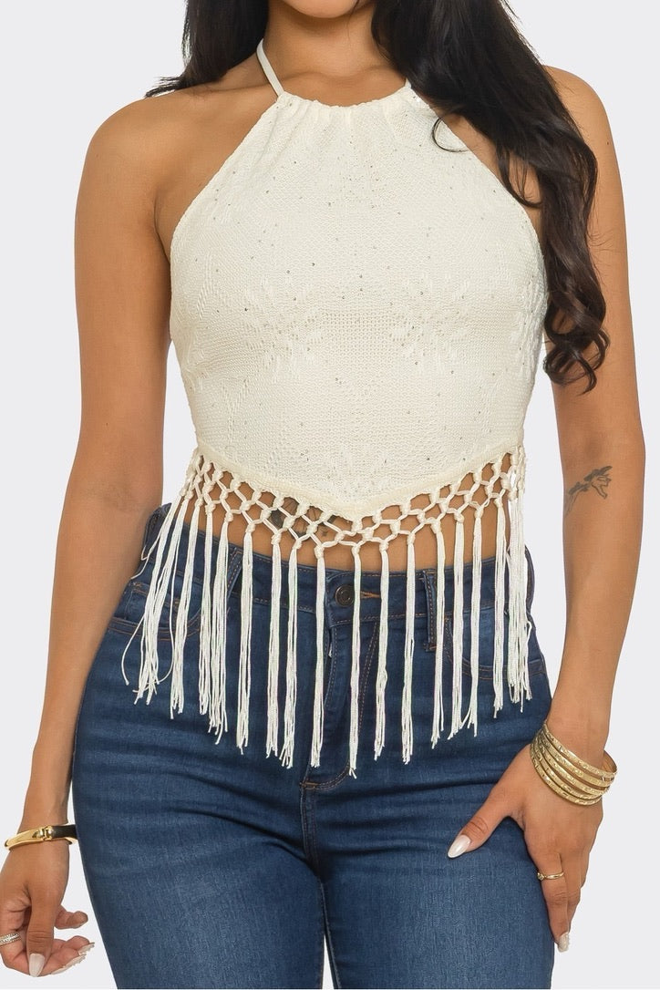 Crochet Halter Top with Fringe Trim and Tie-Back Closure