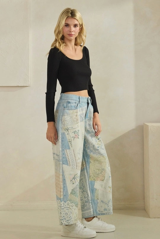 Vintage Wide Leg Jeans Floral Patchwork Denim