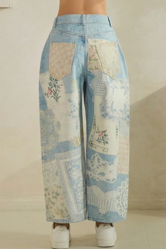 Vintage Wide Leg Jeans Floral Patchwork Denim