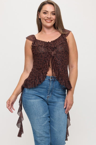 Plus Size Boho Ruffle Blouse with Animal Print and Side Ruffle Detail