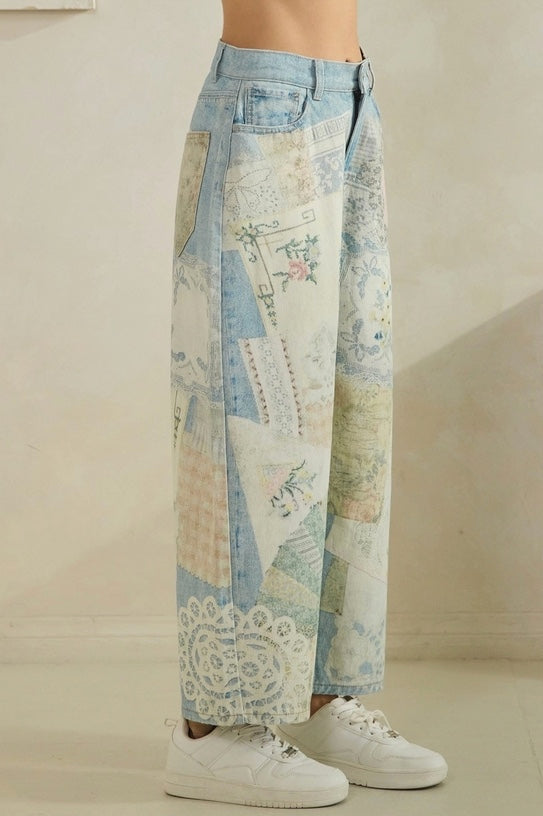 Vintage Wide Leg Jeans Floral Patchwork Denim