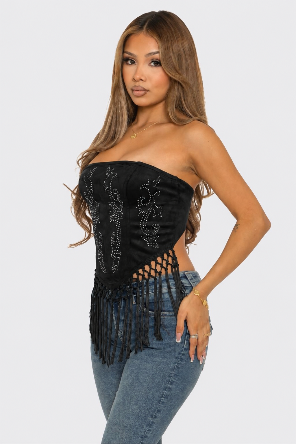 Strapless Corset Top Black, Suede Studded Top with Fringe Hem