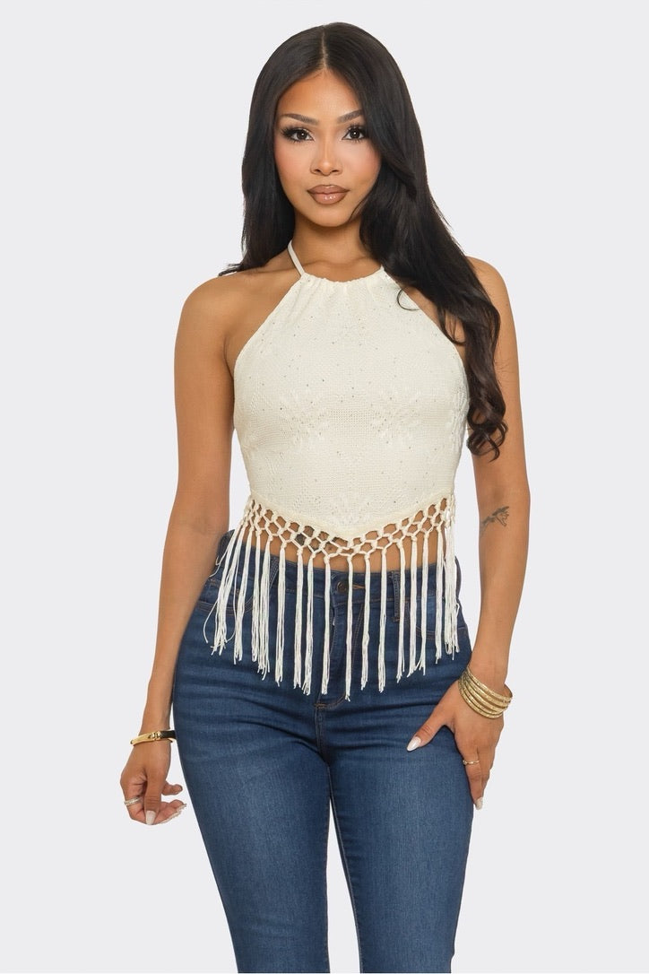 Crochet Halter Top with Fringe Trim and Tie-Back Closure