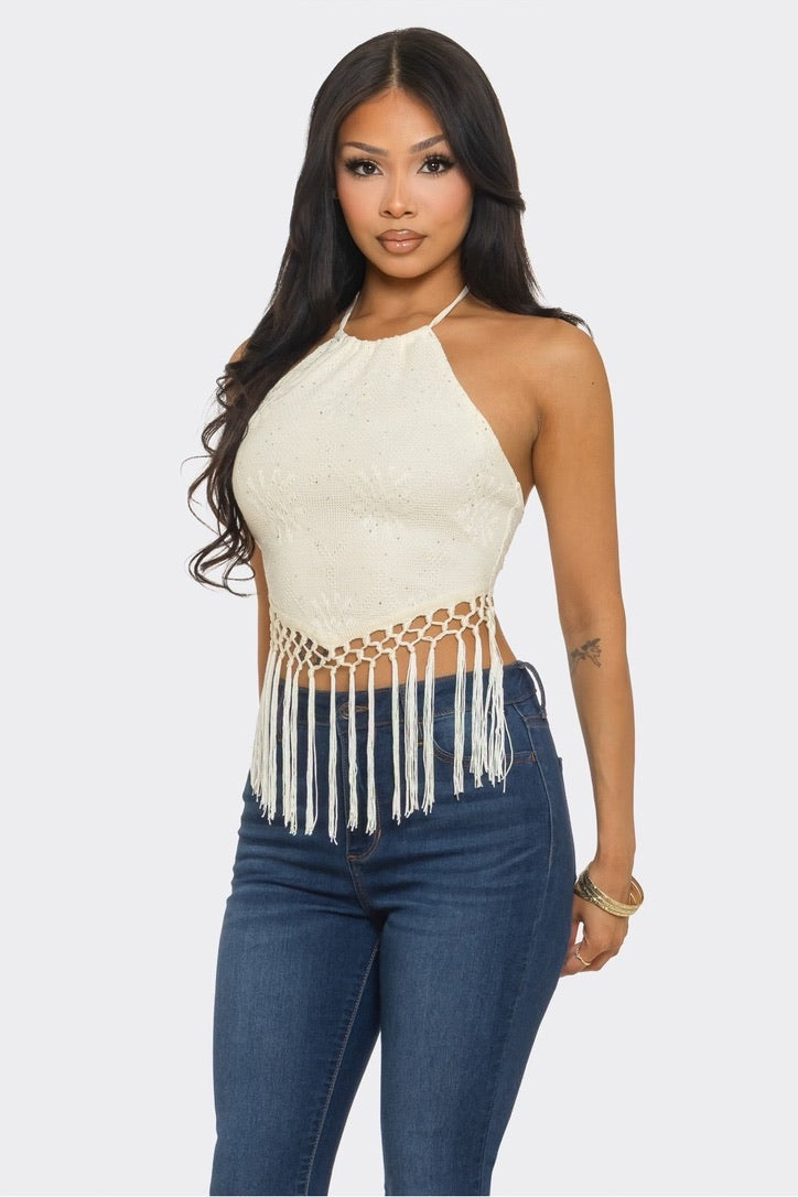 Crochet Halter Top with Fringe Trim and Tie-Back Closure