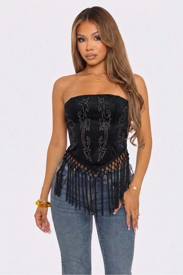 Strapless Corset Top Black, Suede Studded Top with Fringe Hem