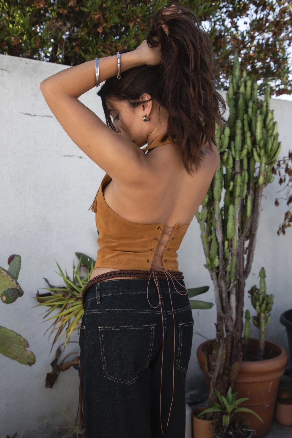 Faux Sued Fringe Halter Top