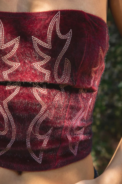 Burgundy Flame Corset Top Western Style