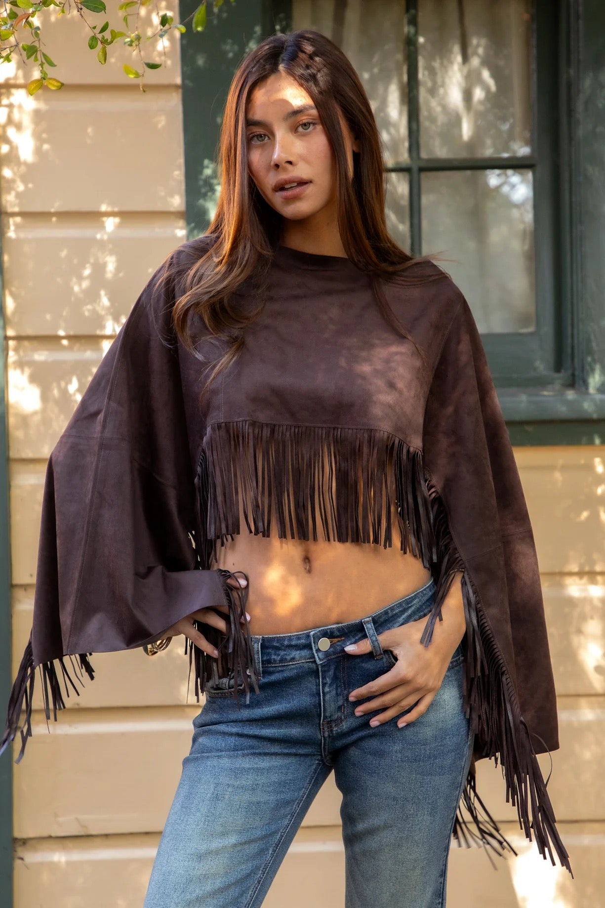 Faux Suede Cropped Fringe Poncho