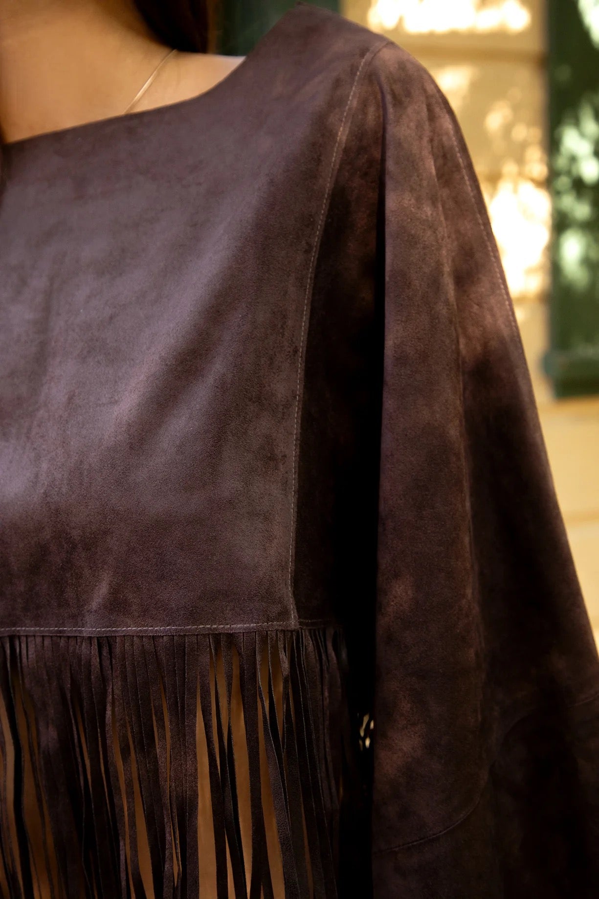 Faux Suede Cropped Fringe Poncho