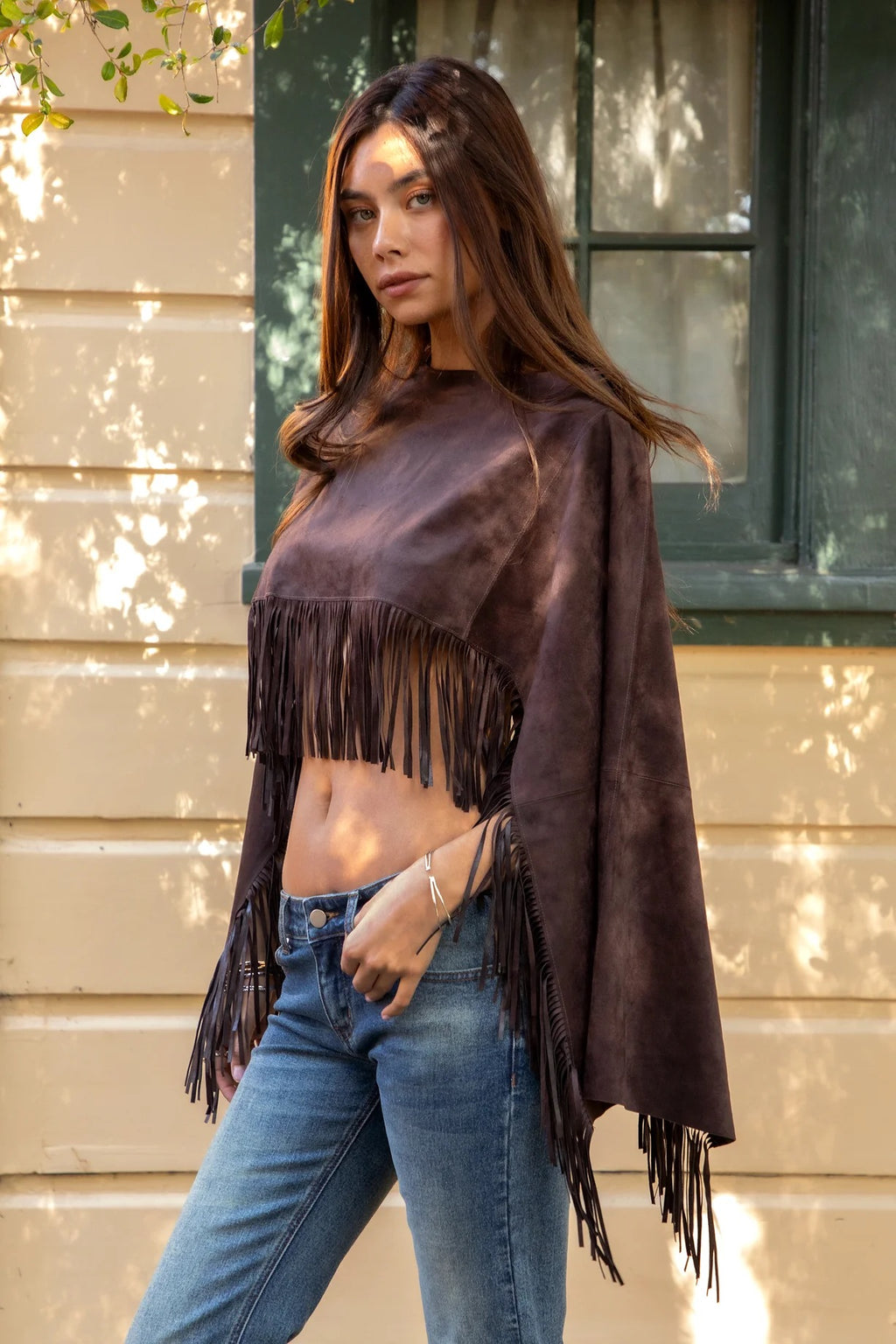 Faux Suede Cropped Fringe Poncho