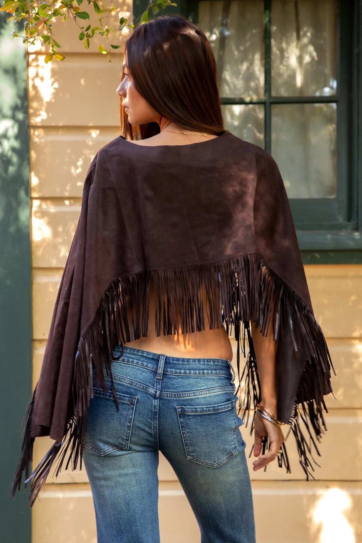Faux Suede Cropped Fringe Poncho