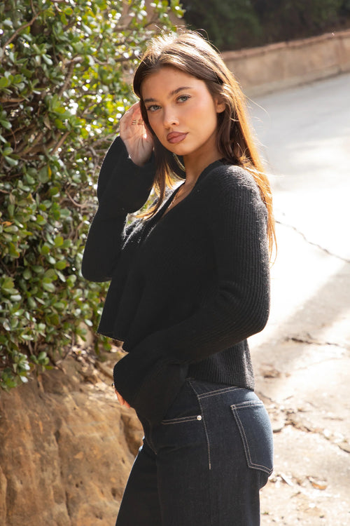 Black Cropped Knit Cardigan Bell Sleeve Sweater