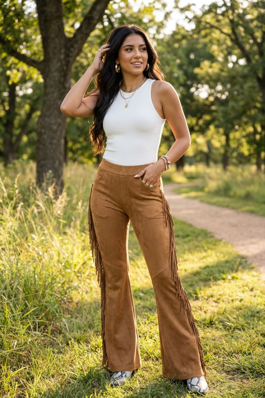 Boho Fringe Flare Pants – Western Festival Cowgirl Style