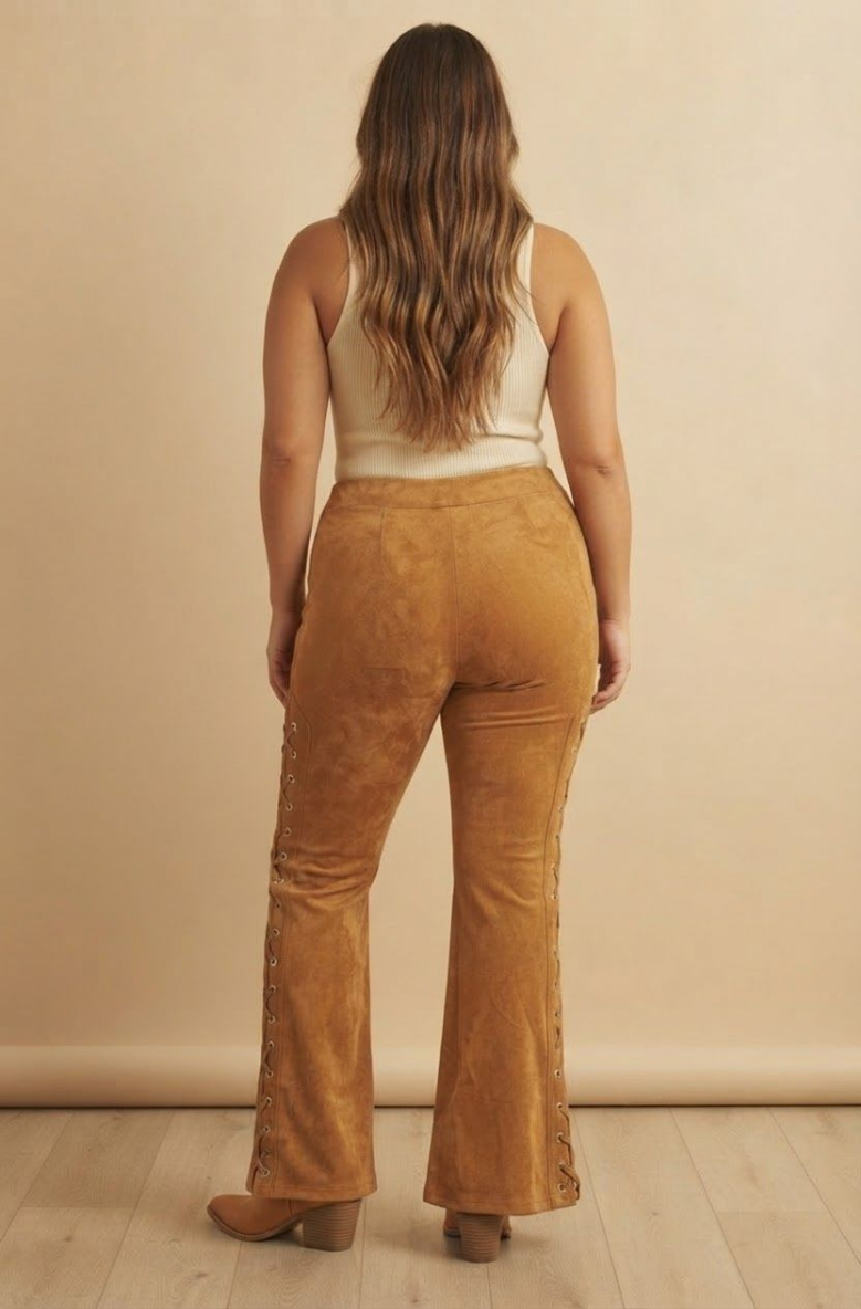 Suede Lace-Up Flare Pants, Grommet Lace Detail High Waisted Western Bell Bottoms