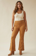 Suede Lace-Up Flare Pants, Grommet Lace Detail High Waisted Western Bell Bottoms
