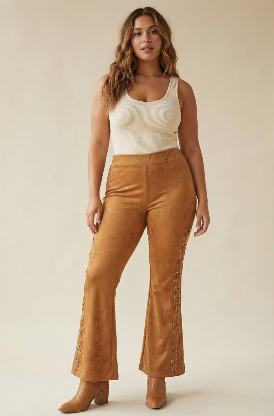 Suede Lace-Up Flare Pants, Grommet Lace Detail High Waisted Western Bell Bottoms