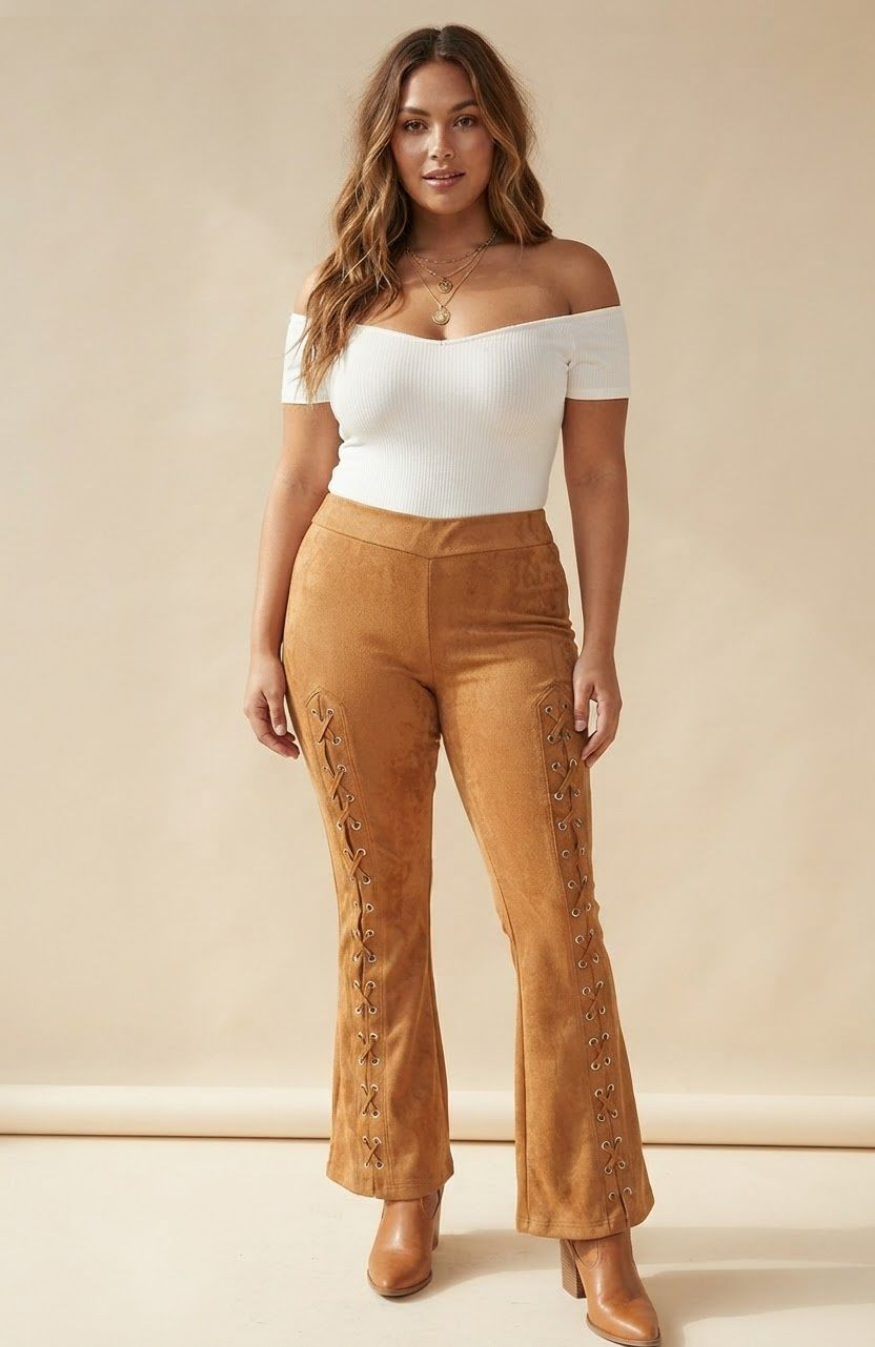 Suede Lace-Up Flare Pants, Grommet Lace Detail High Waisted Western Bell Bottoms