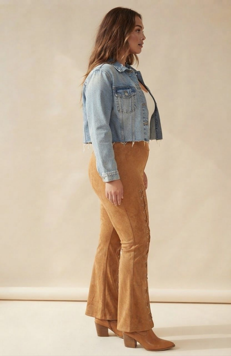 Suede Lace-Up Flare Pants, Grommet Lace Detail High Waisted Western Bell Bottoms