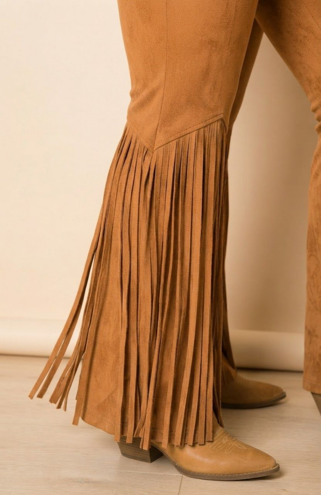 Suede Fringe Flare Pants, High Waisted Boho Western Bell Bottoms with Fringe Hem