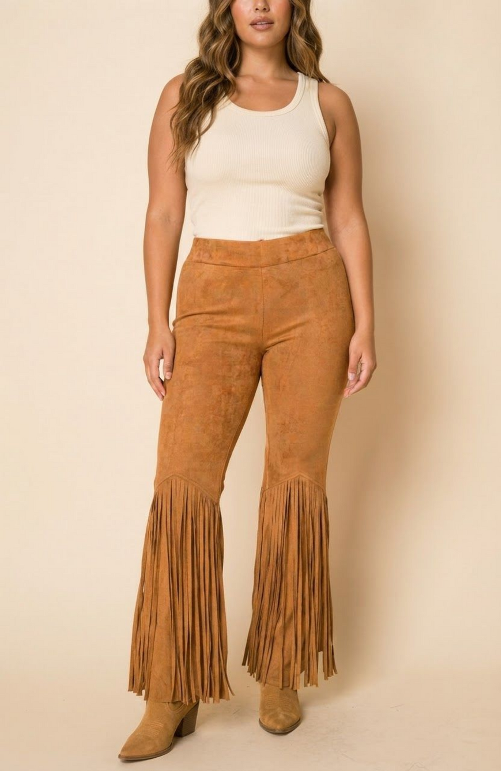 Suede Fringe Flare Pants, High Waisted Boho Western Bell Bottoms with Fringe Hem