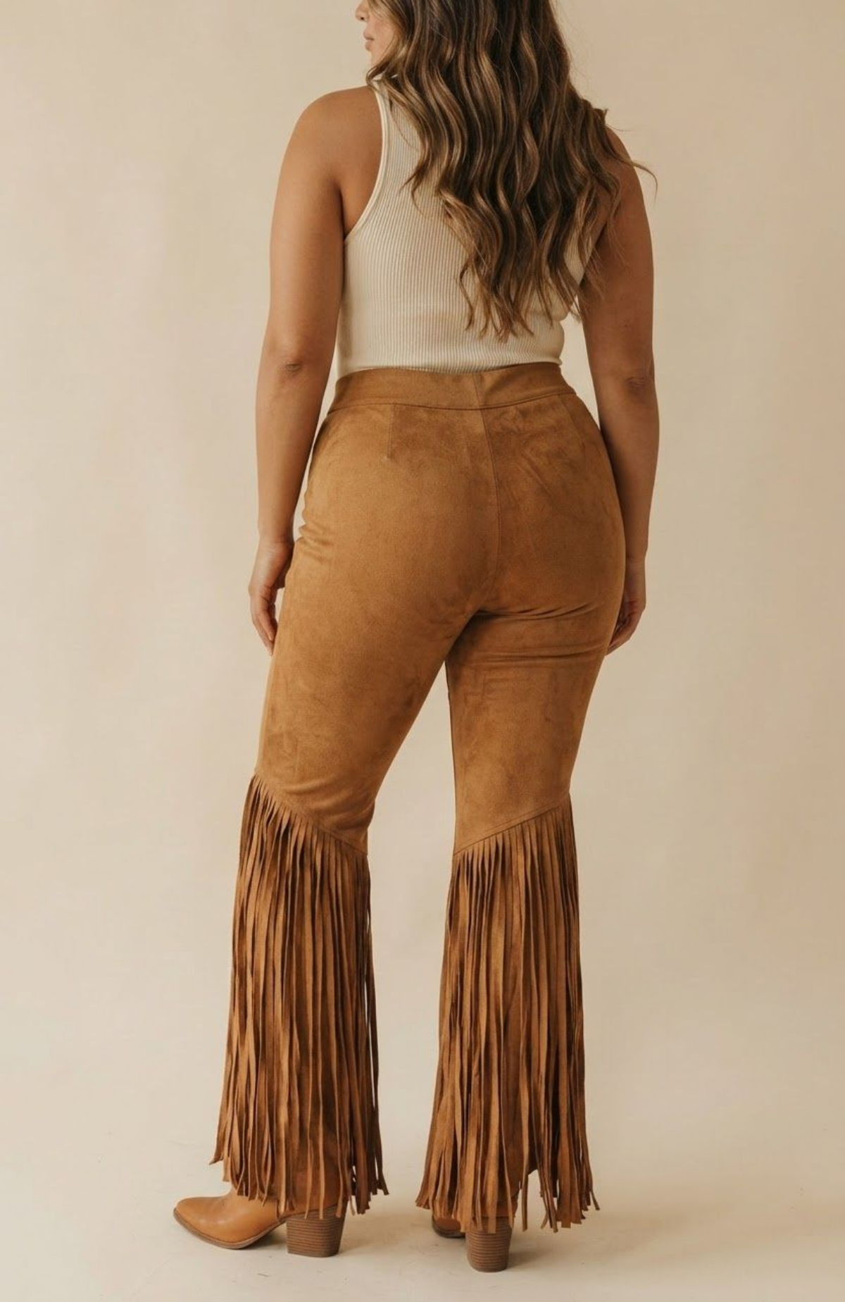 Suede Fringe Flare Pants, High Waisted Boho Western Bell Bottoms with Fringe Hem