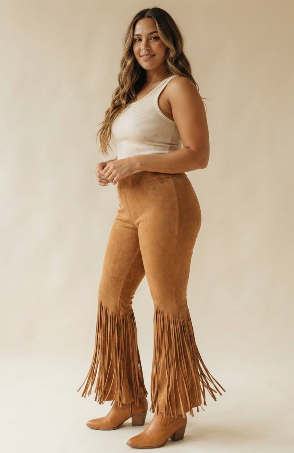 Suede Fringe Flare Pants, High Waisted Boho Western Bell Bottoms with Fringe Hem