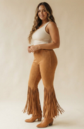 Suede Fringe Flare Pants, High Waisted Boho Western Bell Bottoms with Fringe Hem