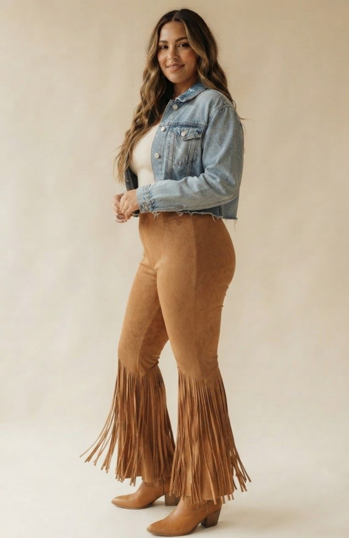 Suede Fringe Flare Pants, High Waisted Boho Western Bell Bottoms with Fringe Hem