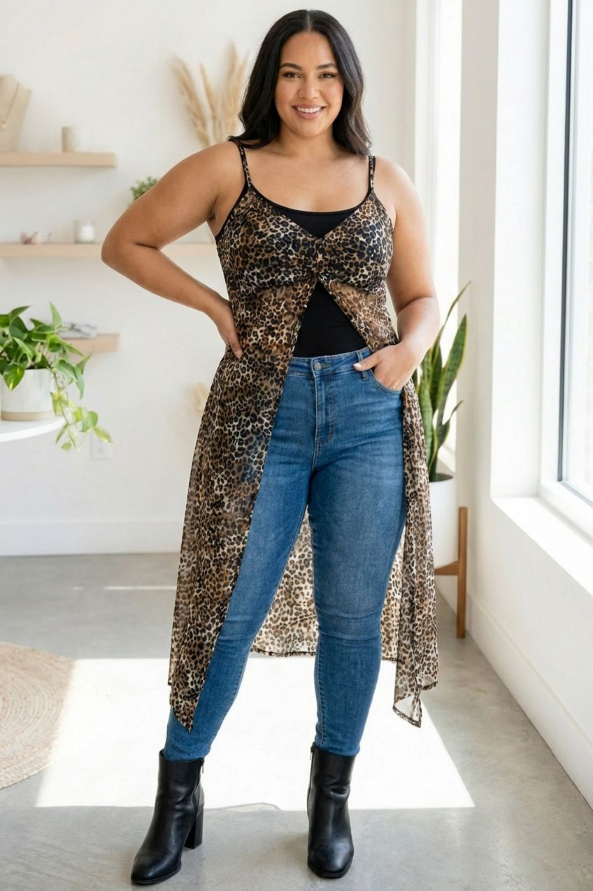 Leopard Print Sheer Mesh Maxi Cami Duster