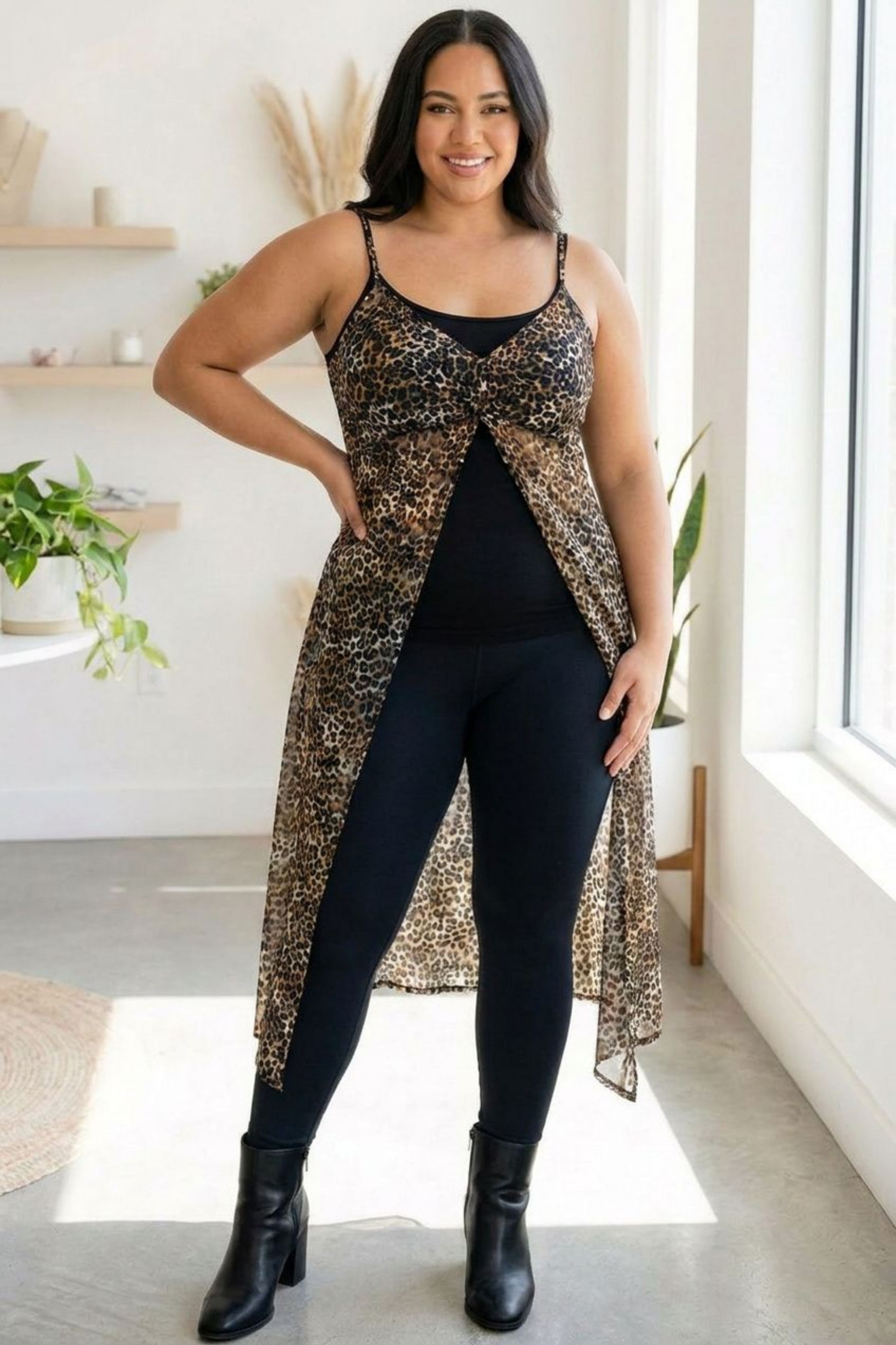 Leopard Print Sheer Mesh Maxi Cami Duster