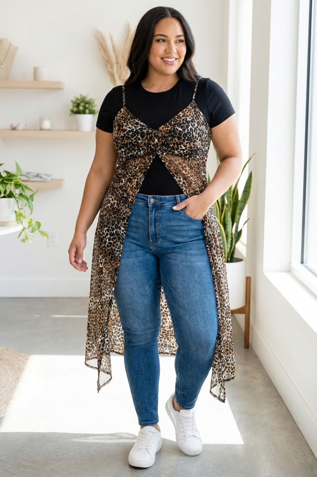 Leopard Print Sheer Mesh Maxi Cami Duster
