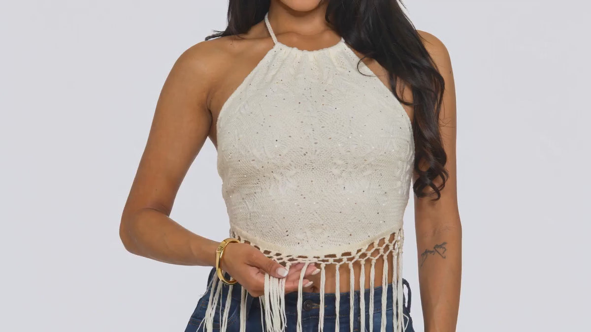 Crochet Halter Top with Fringe Trim and Tie-Back Closure